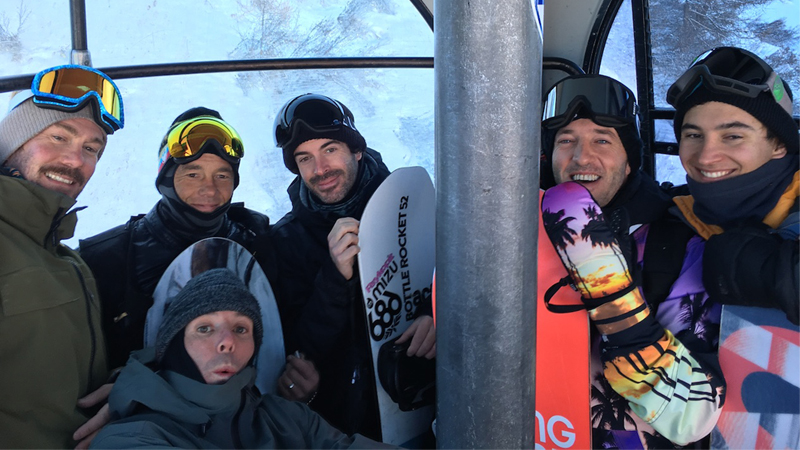 Gondola selfie. L R   Van's Fred, Jamie Lynn (above), Attack Attack's Stew (below), Pacome Allouis (686, Mizu & Vans), filmer *** & team rider, Victor de Le Rue