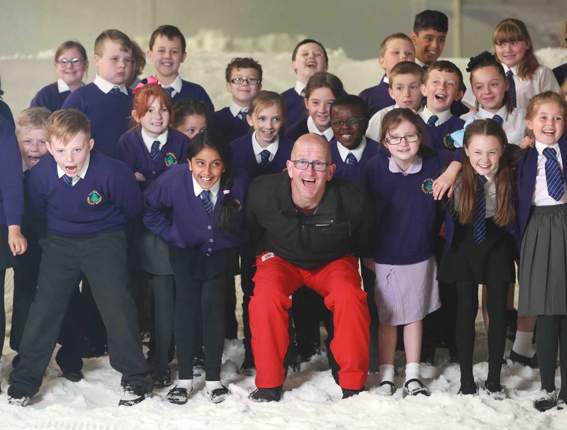 NSSW Ambassador Eddie The Eagle With Pupils From The Yewtree School, Hemel Hempstead | Photo Credit: Matt Alexander/PA Wire