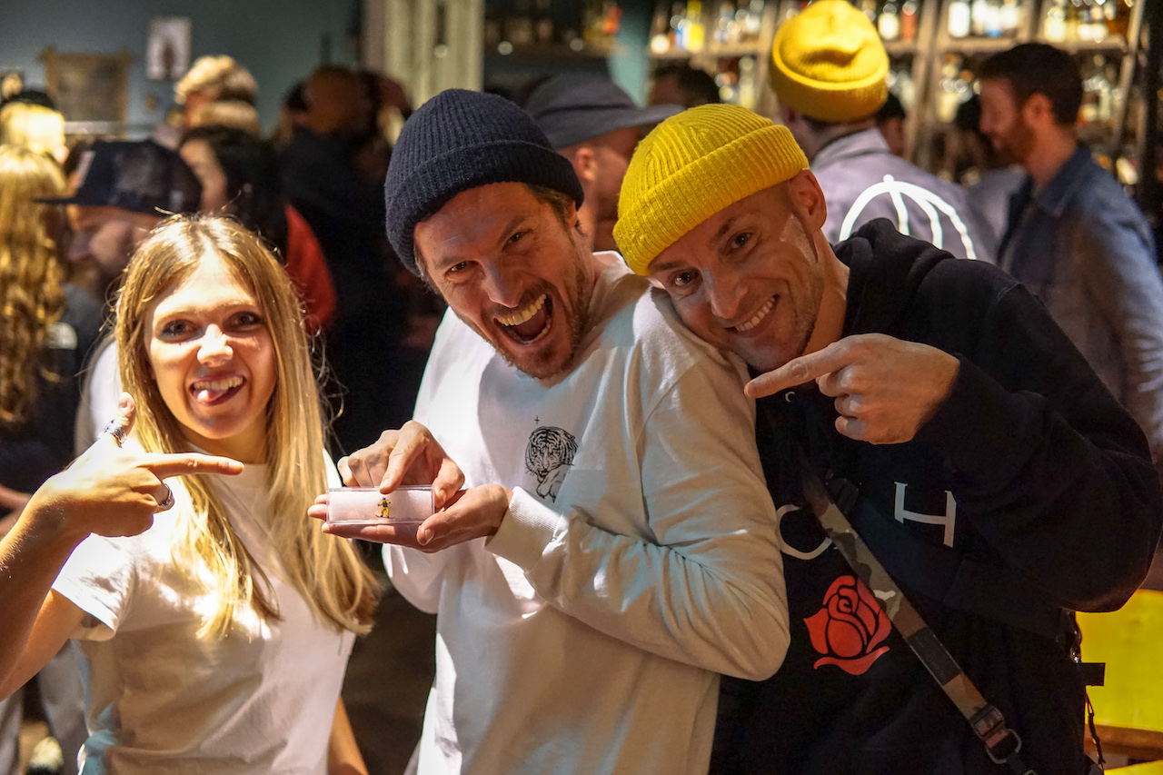 Volcom's UK PR Agent Lucy Stephens, Volcom's Edd Martin and sneakergrammer Nick Glackin (AKA @glackster) with a miniature Bryan Iguchi